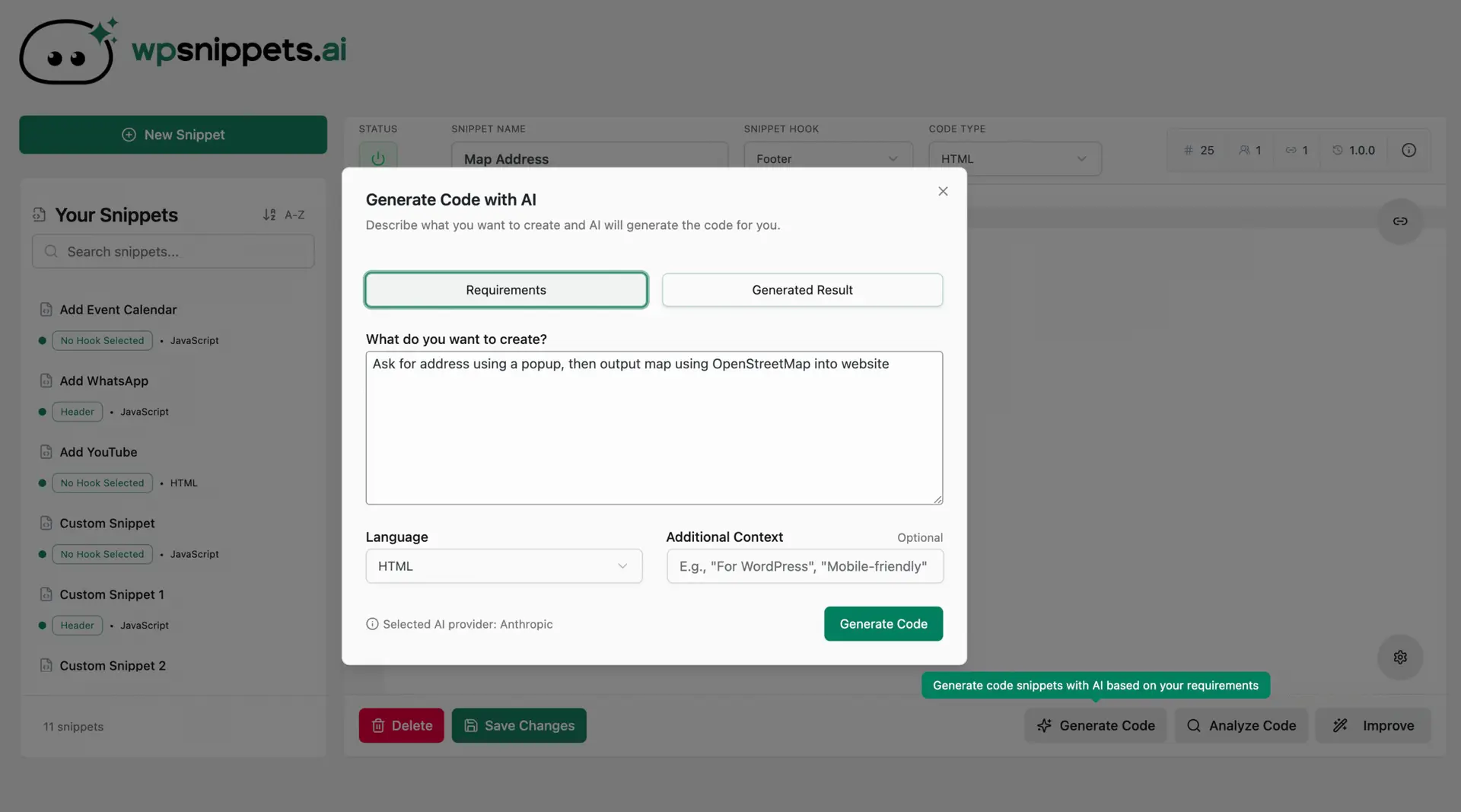 AI Generate Code modal
