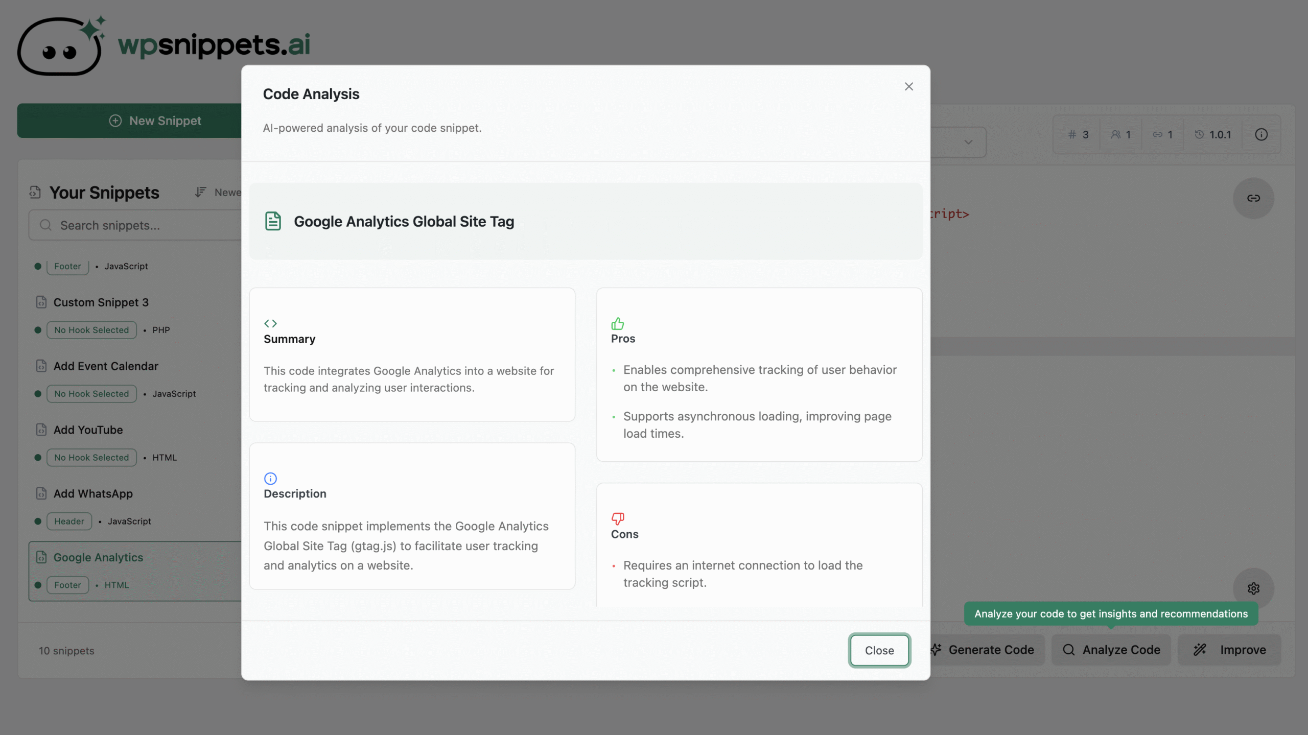 AI Analyse Code modal