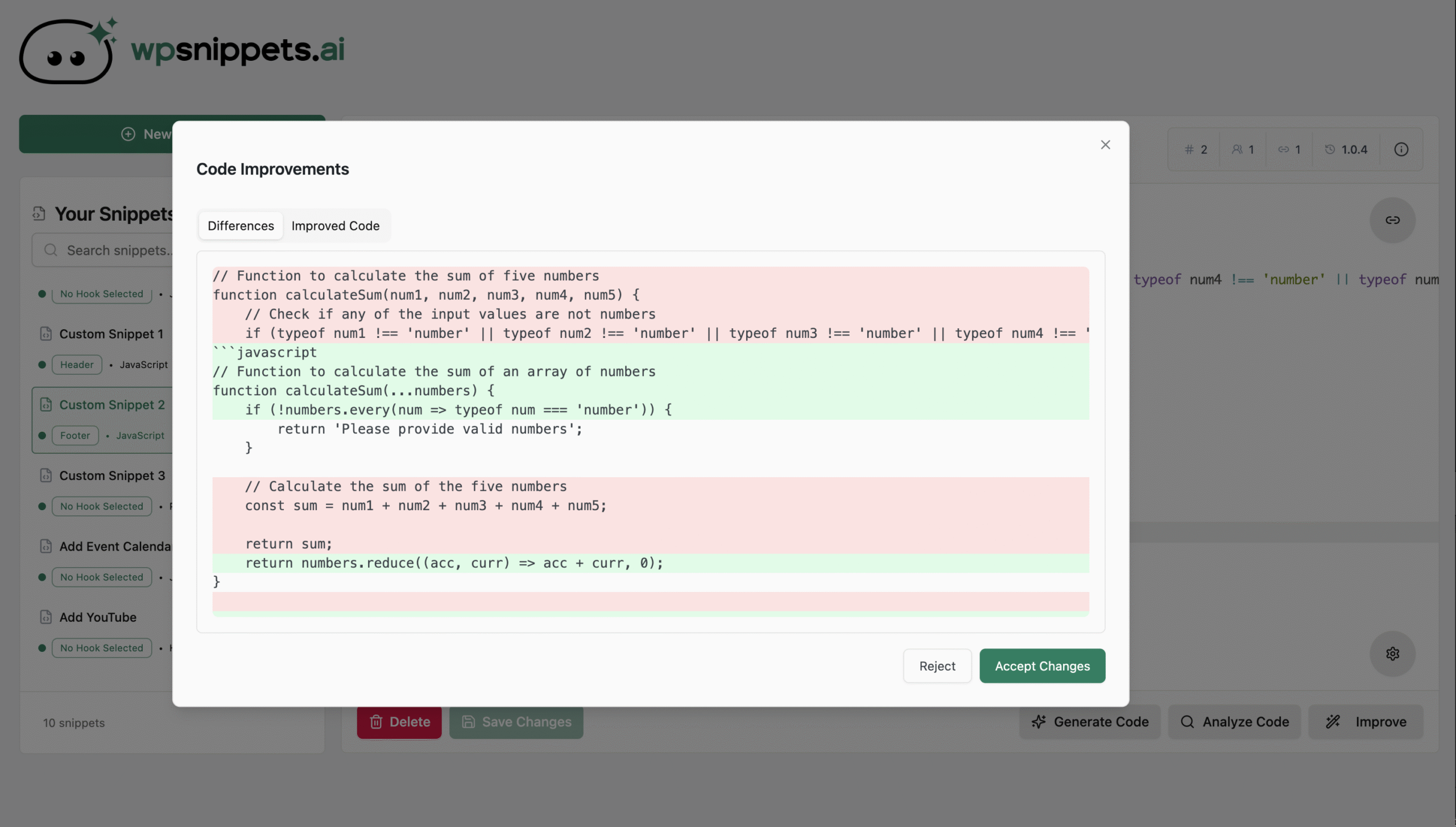 AI Improve Code modal