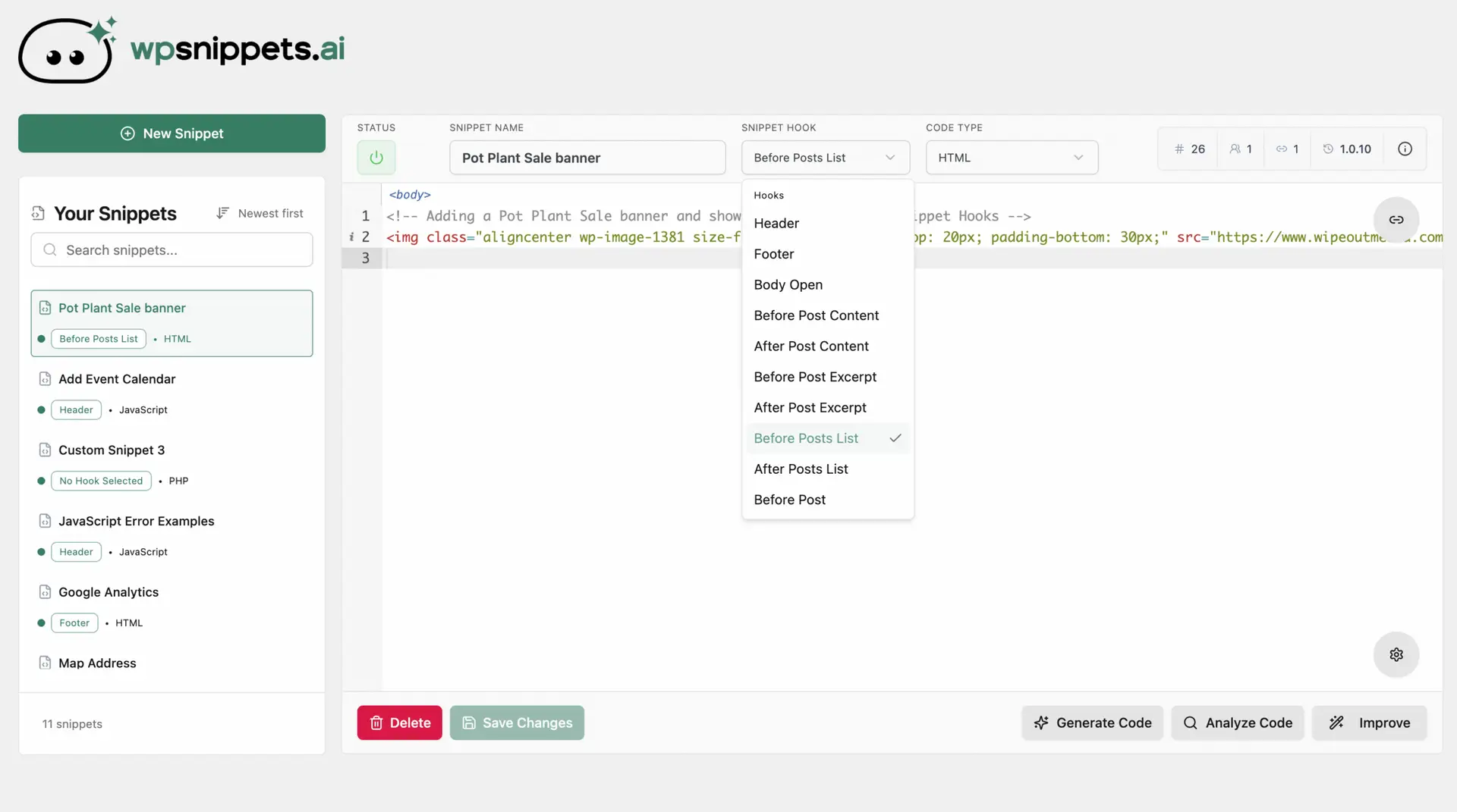 Snippet Hooks - Before Posts List