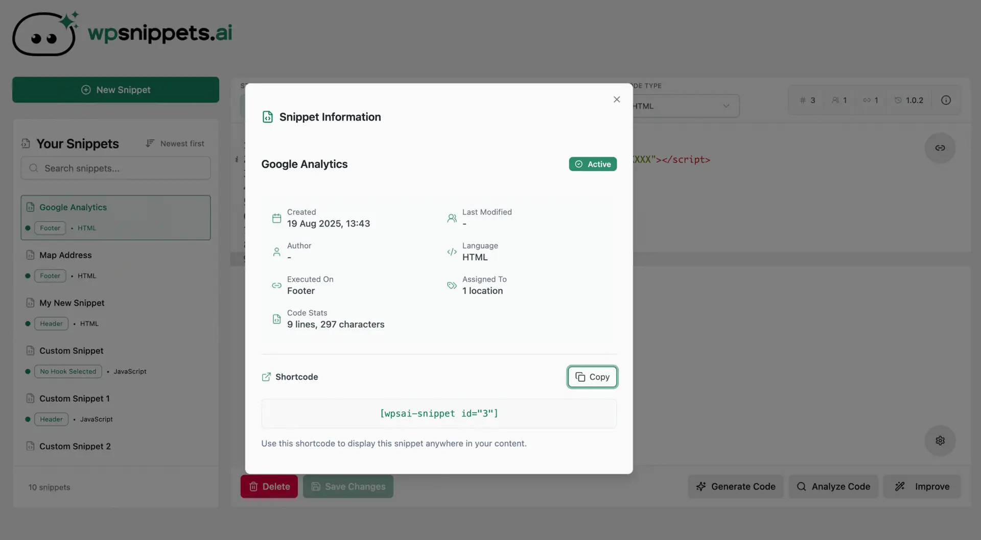 Placements - Snippet Info and Shortcode modal