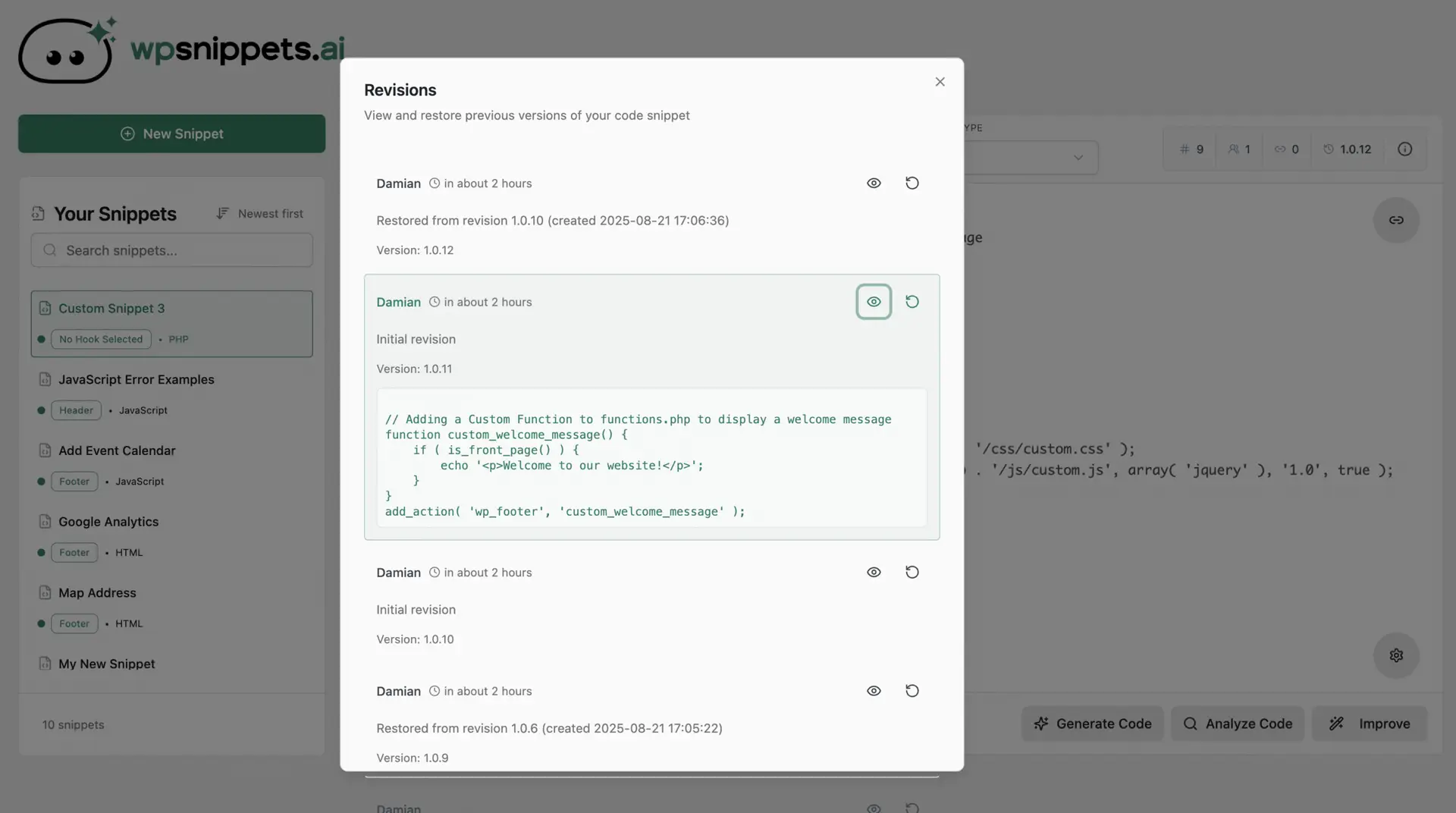 Snippet Revisions modal