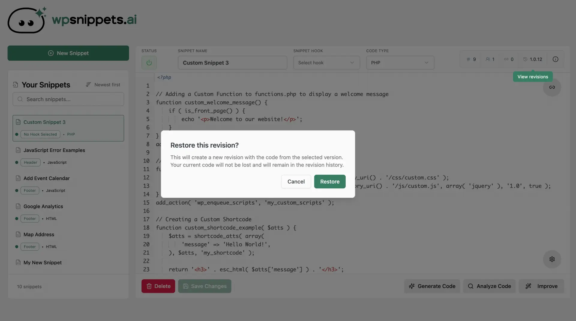 Snippet Revisions confirmation screen