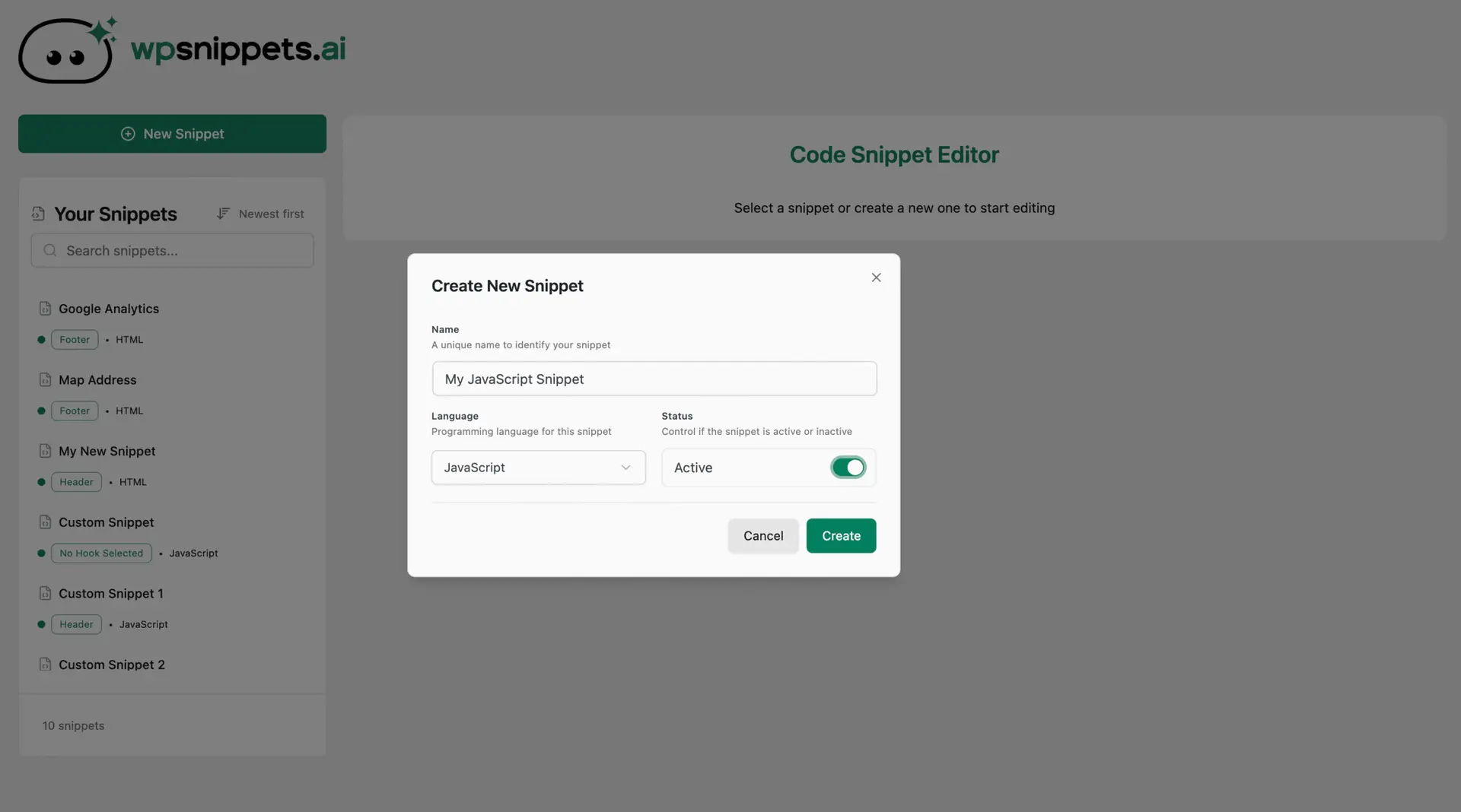 Your Snippets - Creating a new JavaScript Snippet